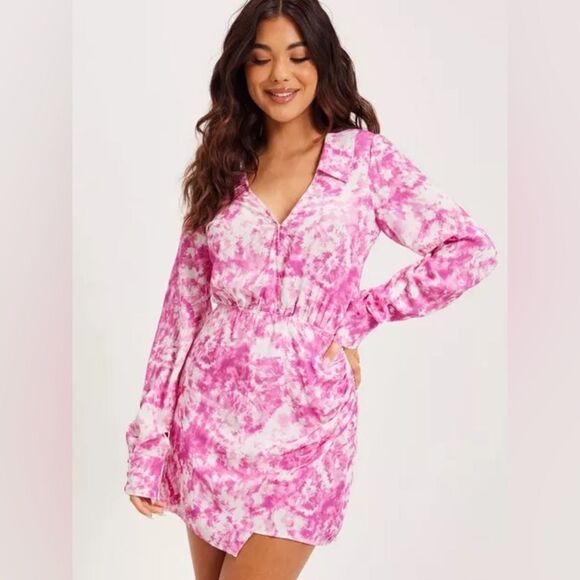 For Love & Lemons Devon V-Neck Long Sleeve Mini Shirt Dress in Pink size L - Picture 1 of 14